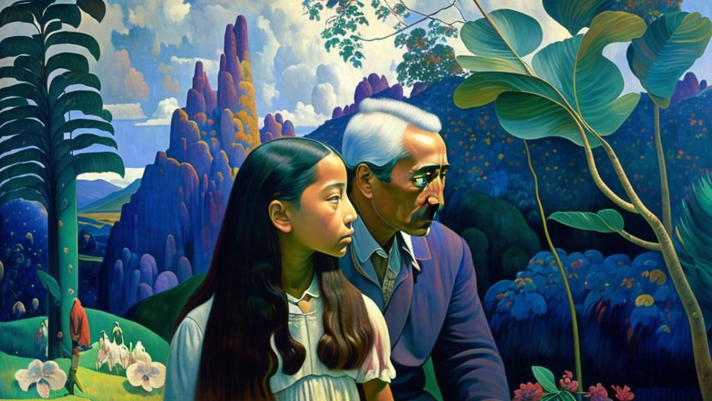 Girl and older man in glasses in lush greenery under blue sky