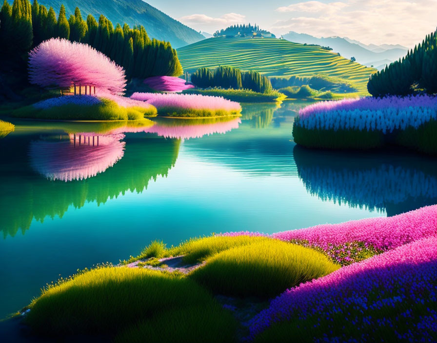 Colorful landscape with pink trees, serene lake, green hills, and blue sky