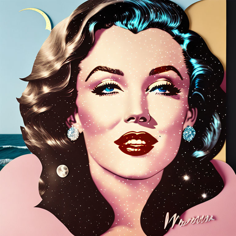 Pop art style illustration of woman with wavy hair, classic makeup, celestial elements, crescent moon