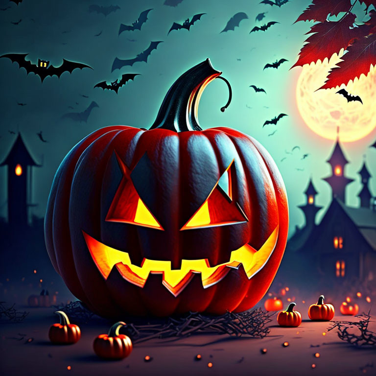 Spooky Halloween scene with jack-o'-lantern, bats, and haunted house