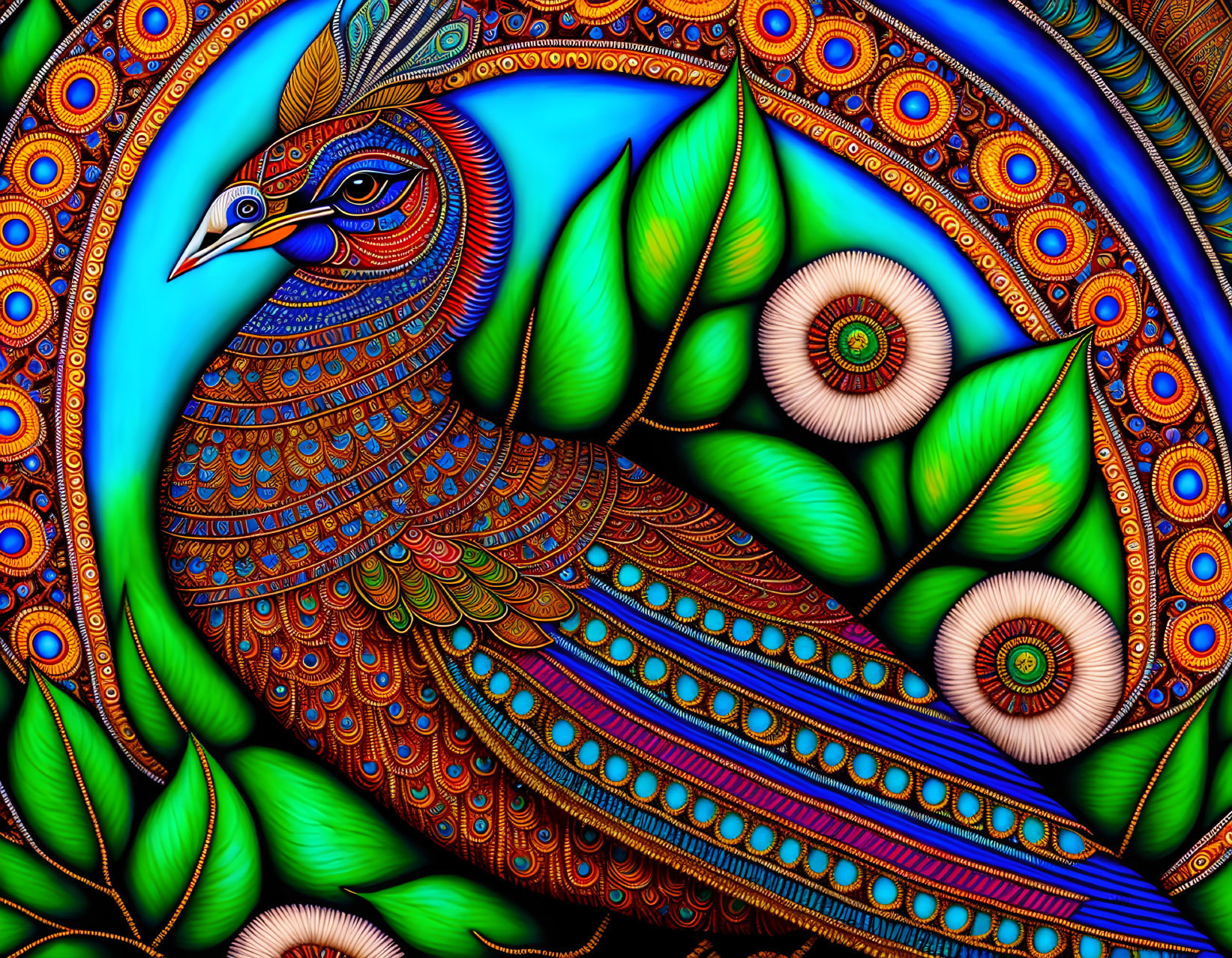 Colorful Peacock Digital Art with Detailed Feathers in Blues, Greens, and Golds