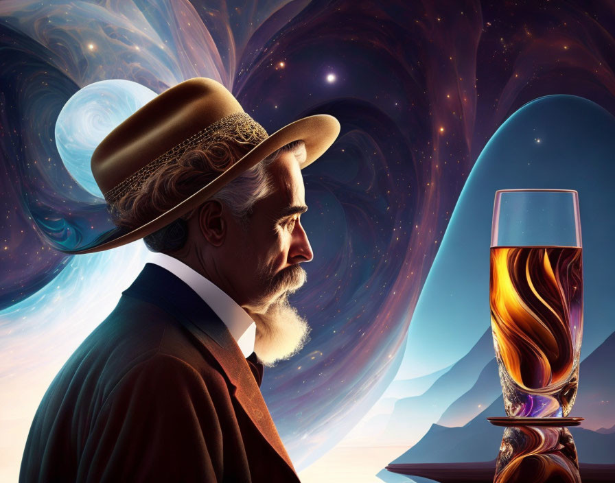 Man with hat in profile view next to swirling glass on cosmic background