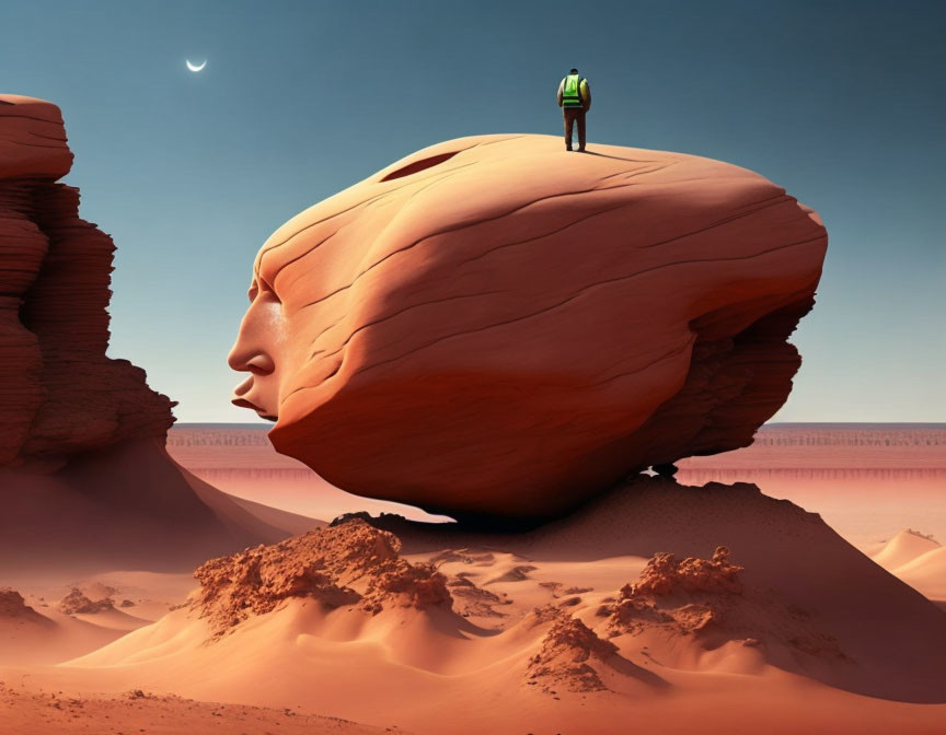 Person standing on giant human head rock formation in desert under crescent moon