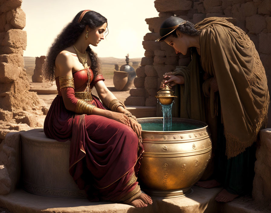 Ancient woman in traditional attire with bowl, water pouring, person bowing