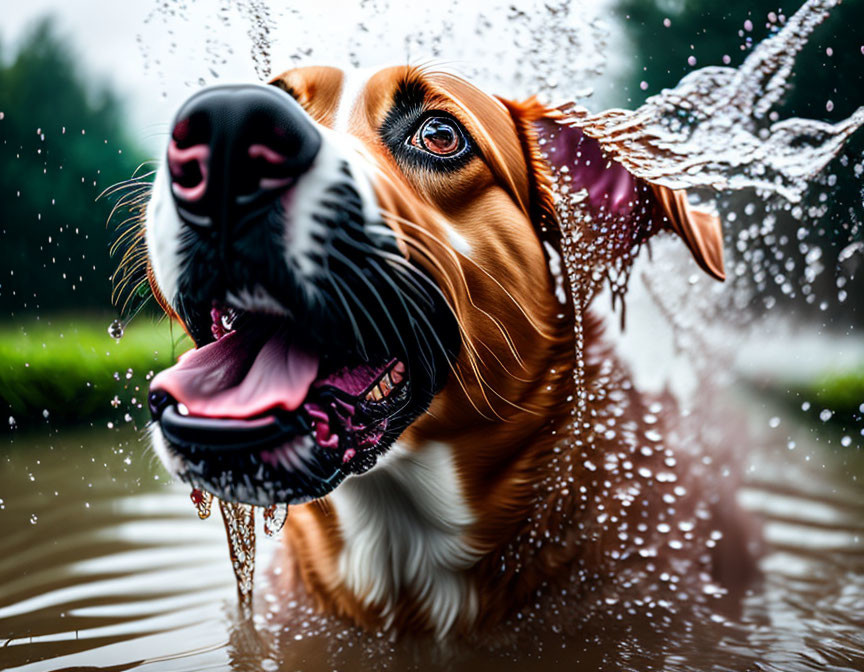 Playful dog splashing water with tongue out