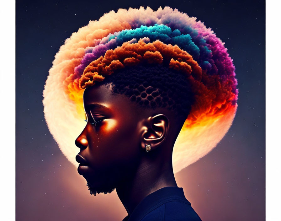 Colorful Cosmic Cloud Hair on Person's Side Profile Against Dark Background