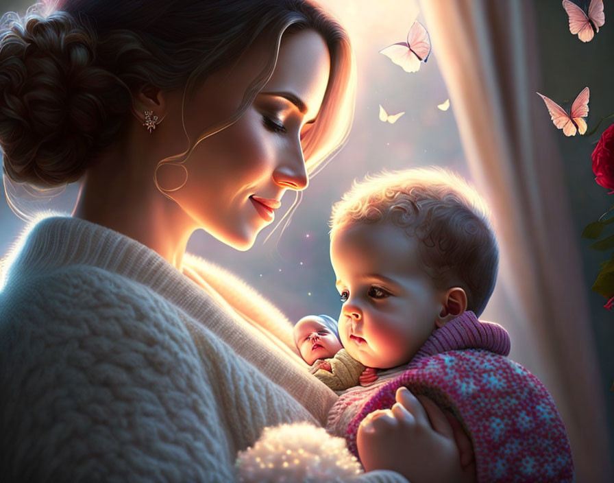 Smiling woman holding a baby with butterflies and warm glow