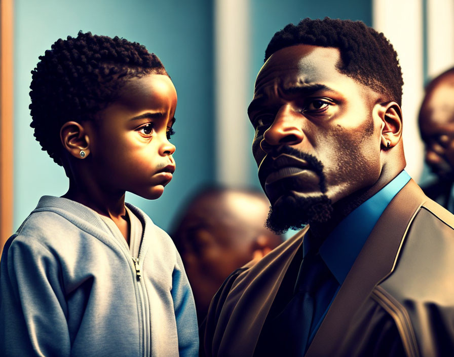 Detailed digital artwork: Serious man & child with thoughtful expressions standing together