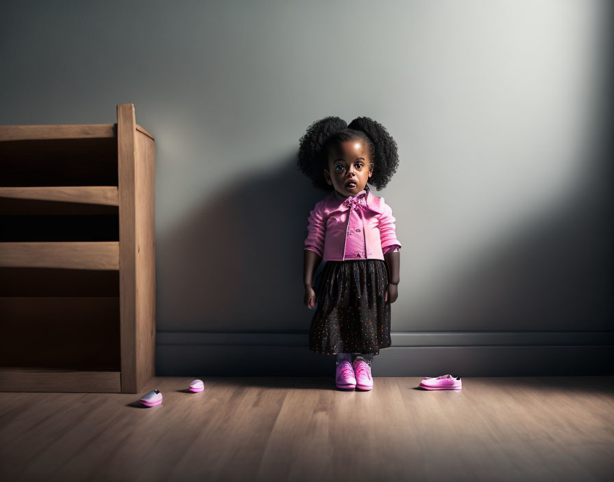 Young girl by crib with solemn expression and shoes on floor