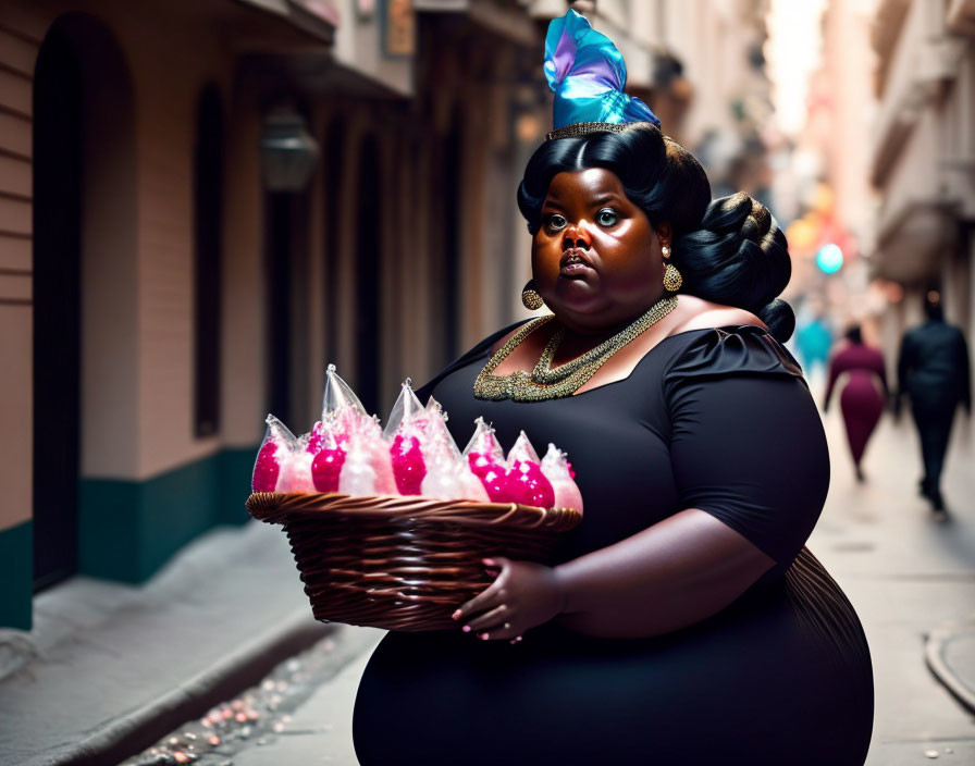 Exaggerated figure woman in black dress with crystal basket against urban backdrop