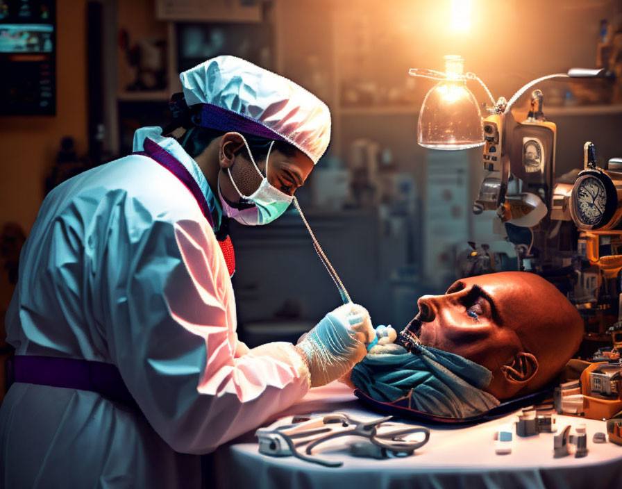 Dentist examines robotic patient with dental tools