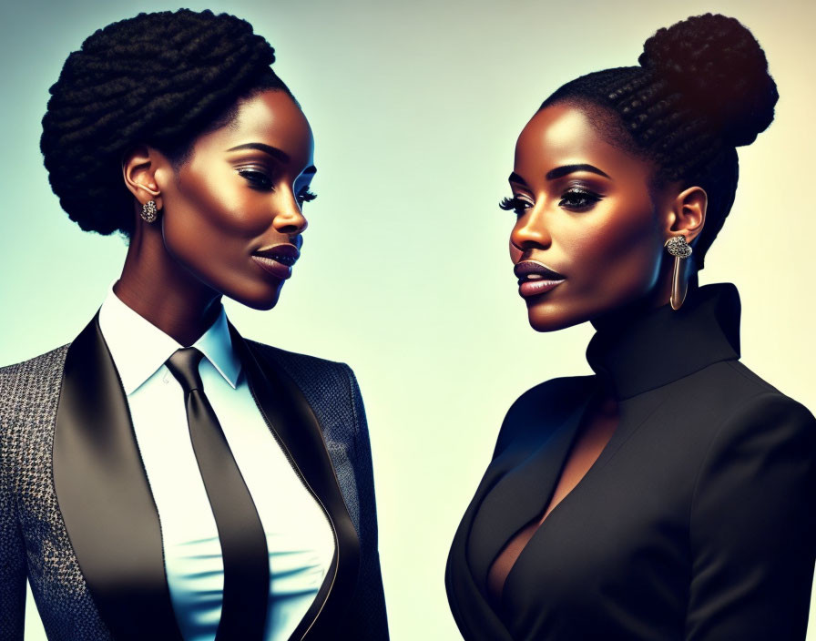 Two women in elegant updo hairstyles and professional attire on blue background