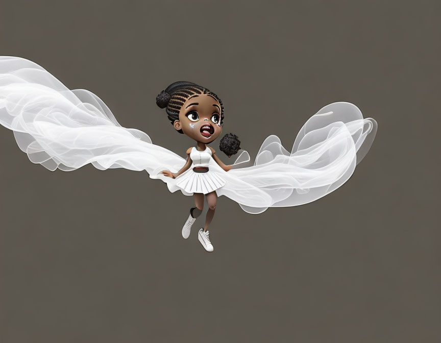 Cartoon girl with braided hair in white dress on abstract white ribbon