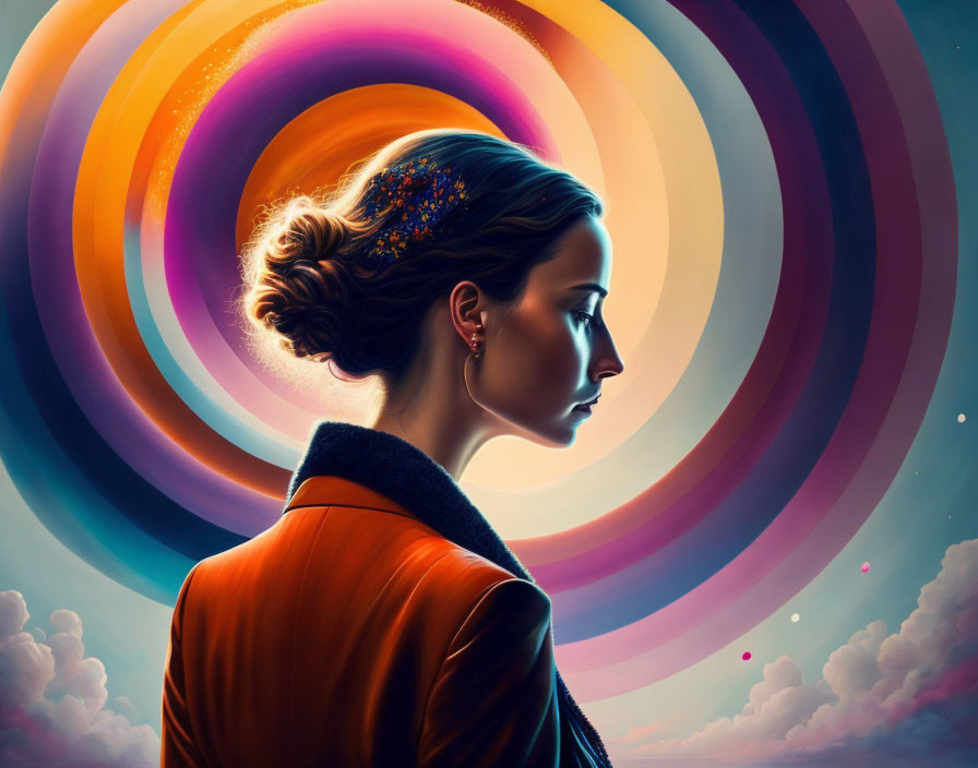 Profile of woman with colorful concentric circle background and ornate hairstyle.