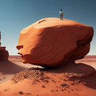 Person standing on giant human head rock formation in desert under crescent moon