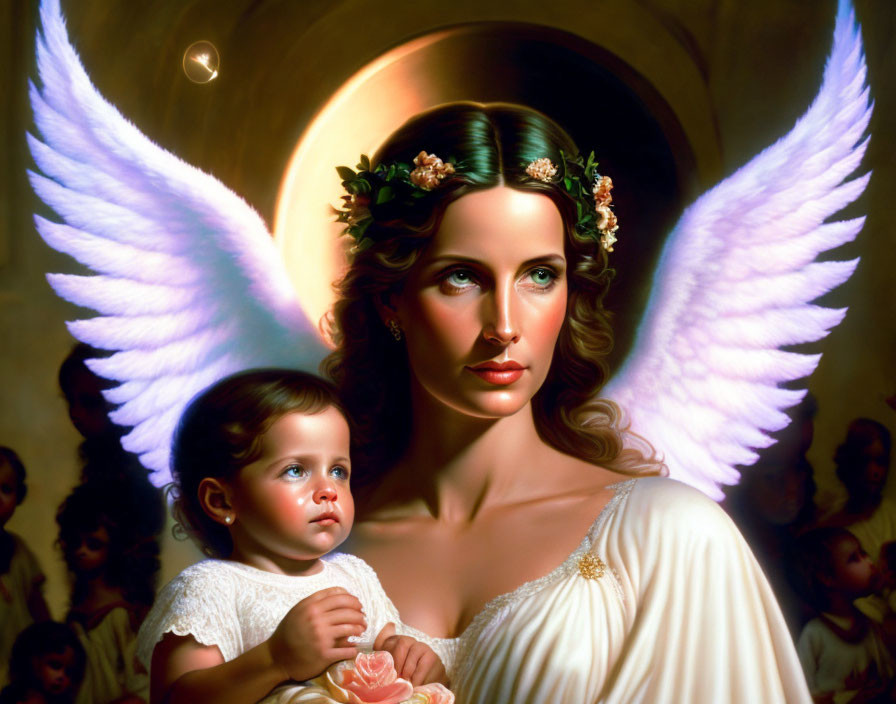 White-winged angel with halo and floral crown holding child in ethereal setting