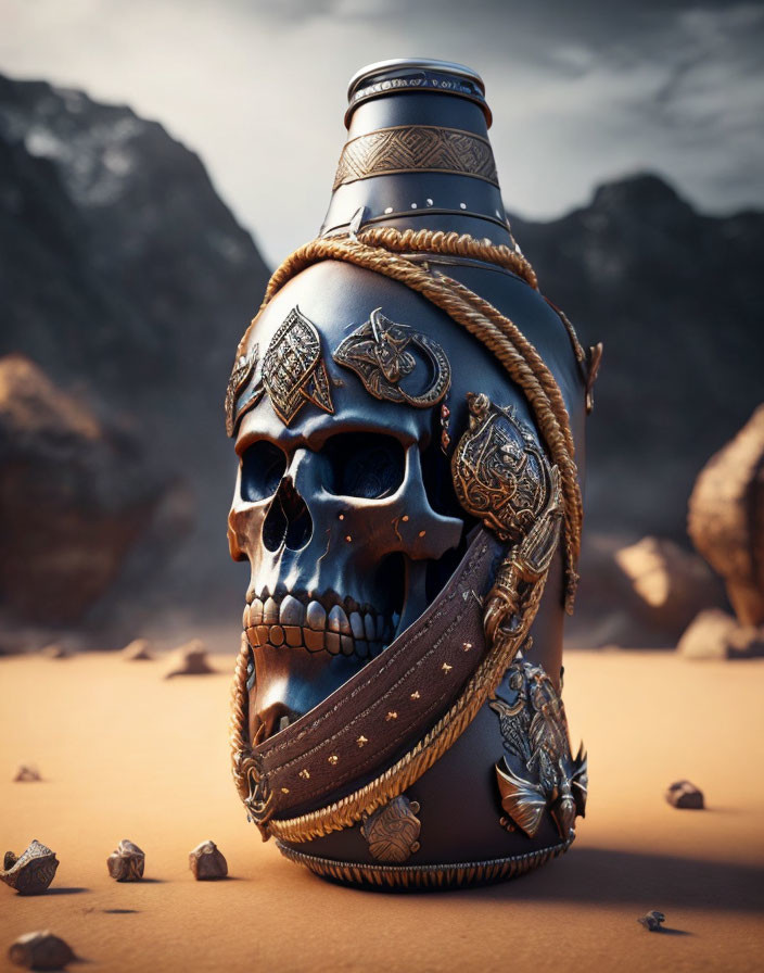 Decorated human skull with Viking-style helmet in desert landscape