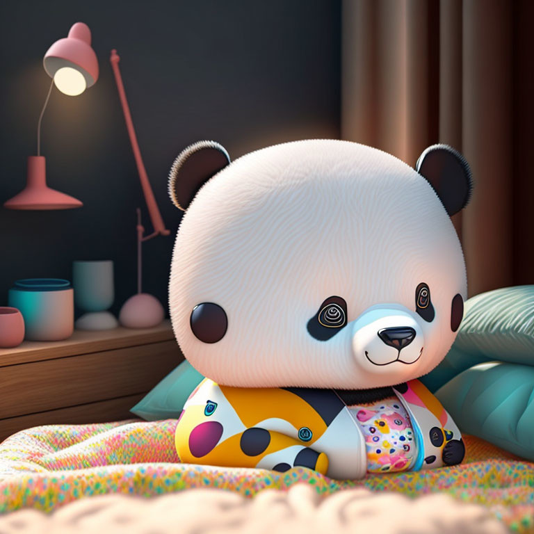 Animated panda with plush toy on bed under warm desk lamp