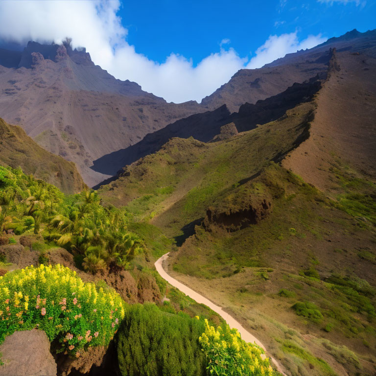 Scenic dirt path in lush valley with mountain ridges and blue sky