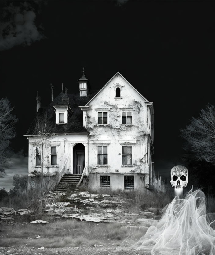 Eerie black and white photo of abandoned house with human skull and ghostly figure.