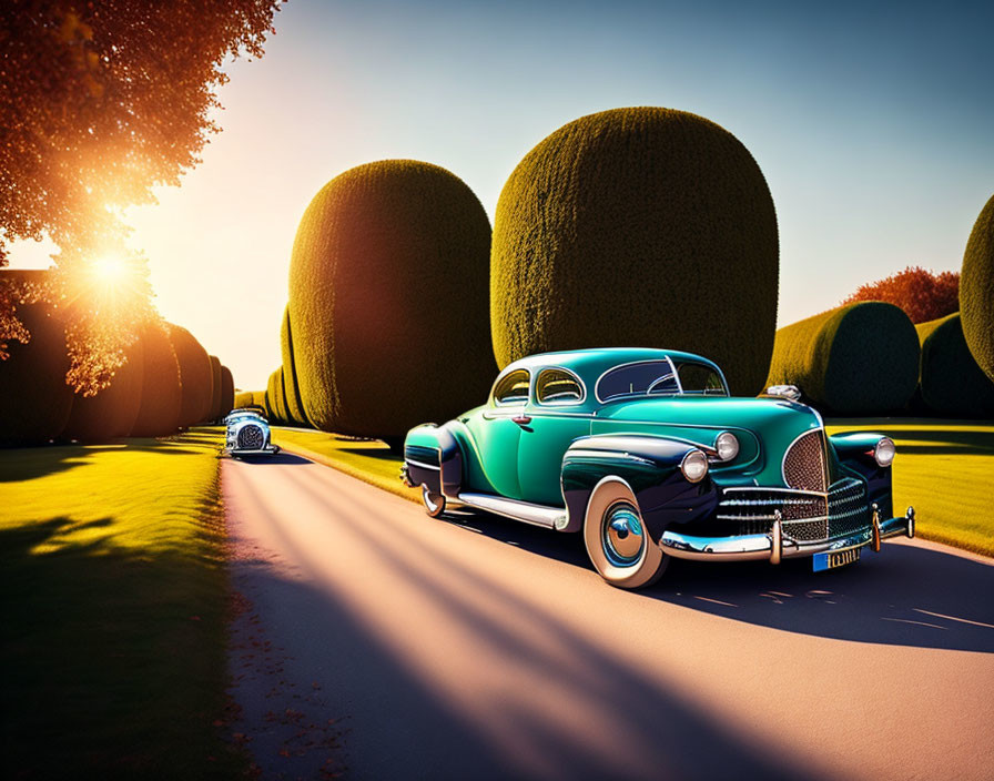 Vintage turquoise car parked on road with trimmed hedges and trees on sunny day