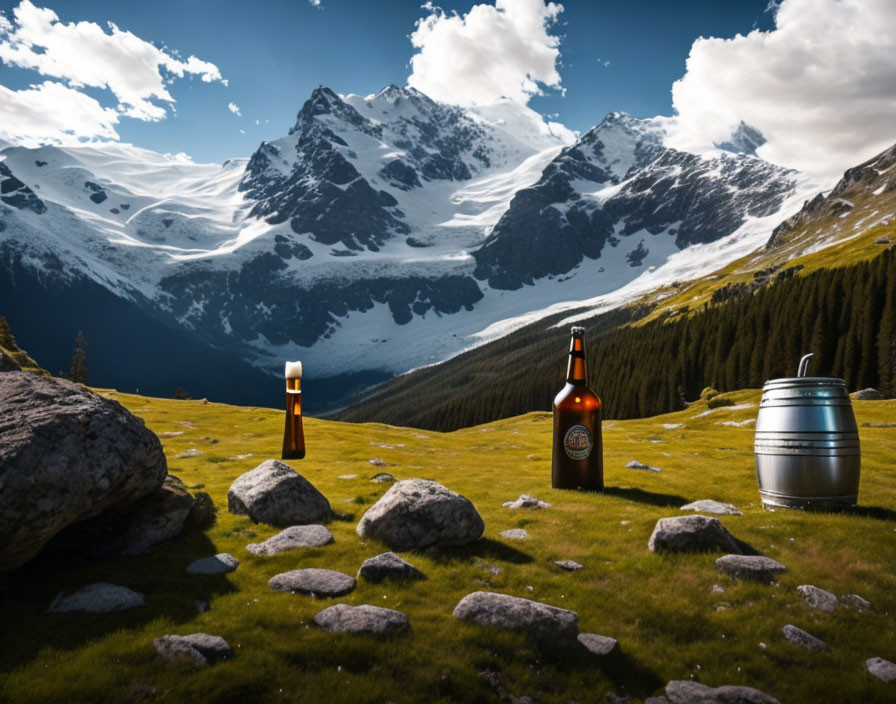 Bottle, glass, keg on grassy meadow with snow-covered mountains.