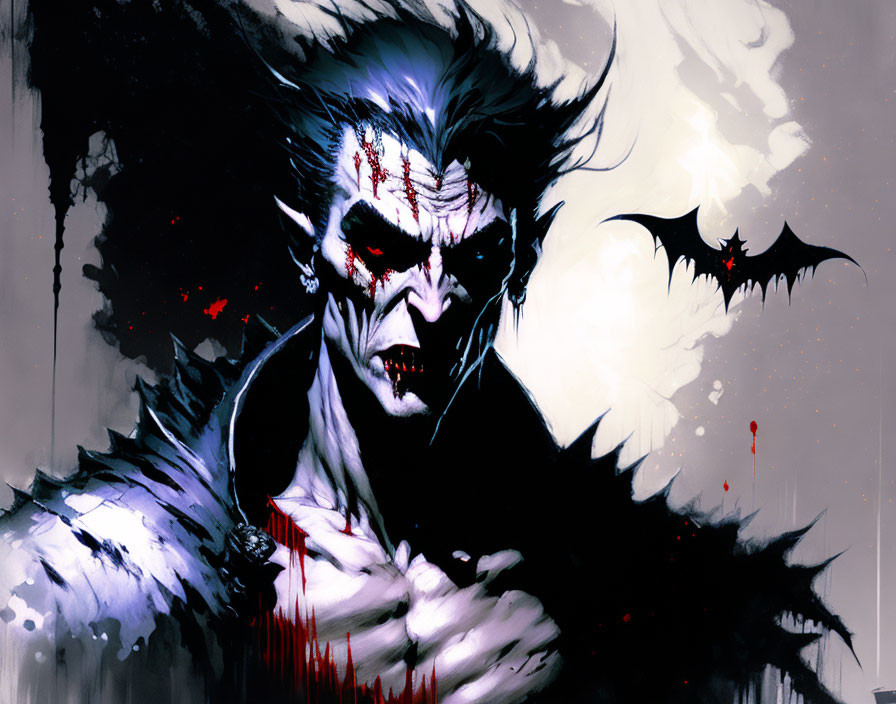 Dark vampire art with fangs, pale skin, and tribal markings