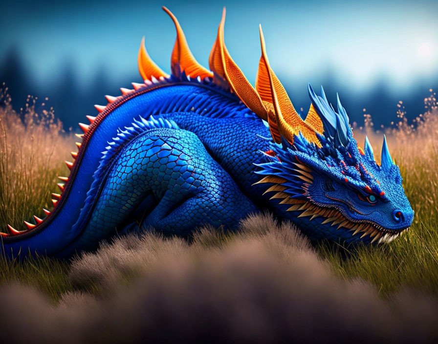 Vibrant blue dragon with orange spikes in tall grass field at dusk