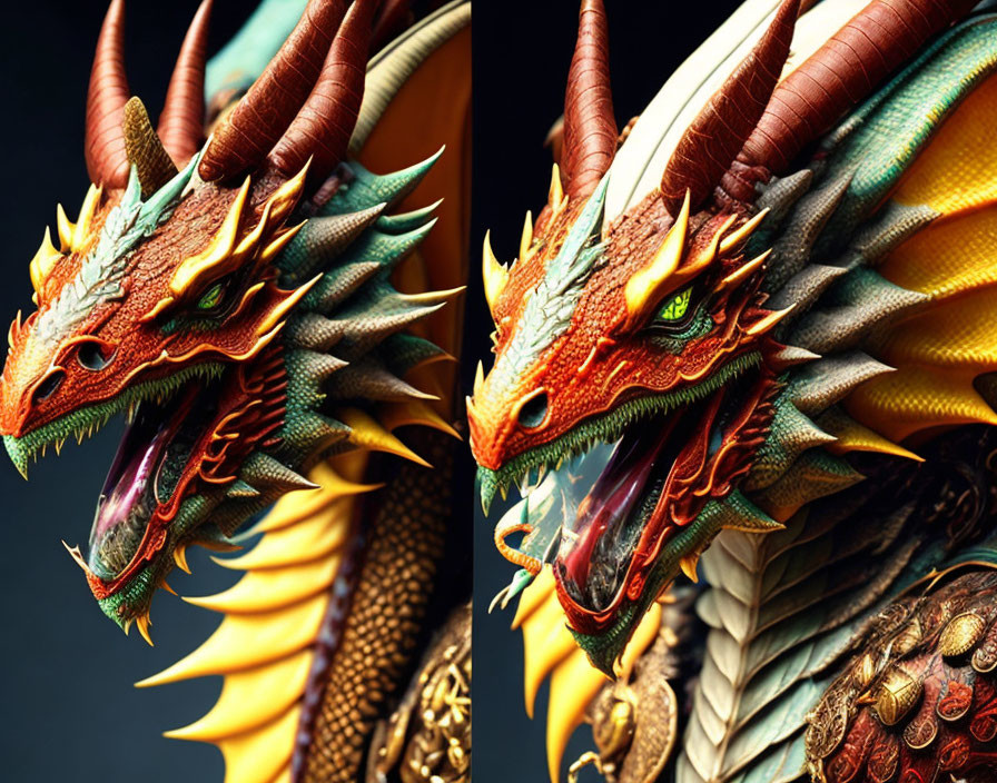 Vibrant dragon heads with sharp horns and textured scales on dark background