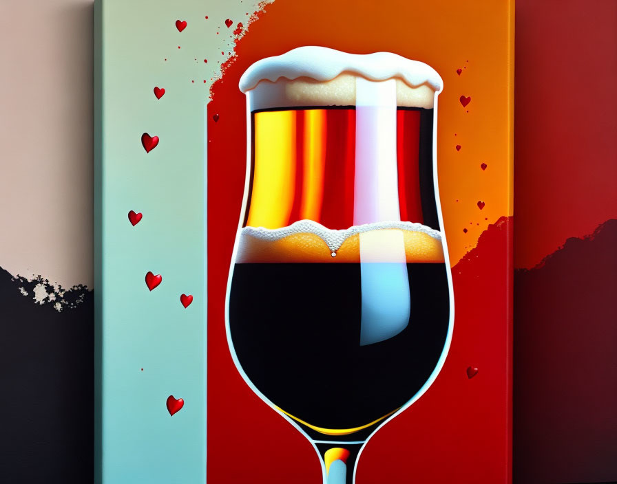 Vibrant pint glass artwork with dark beer and heart shapes