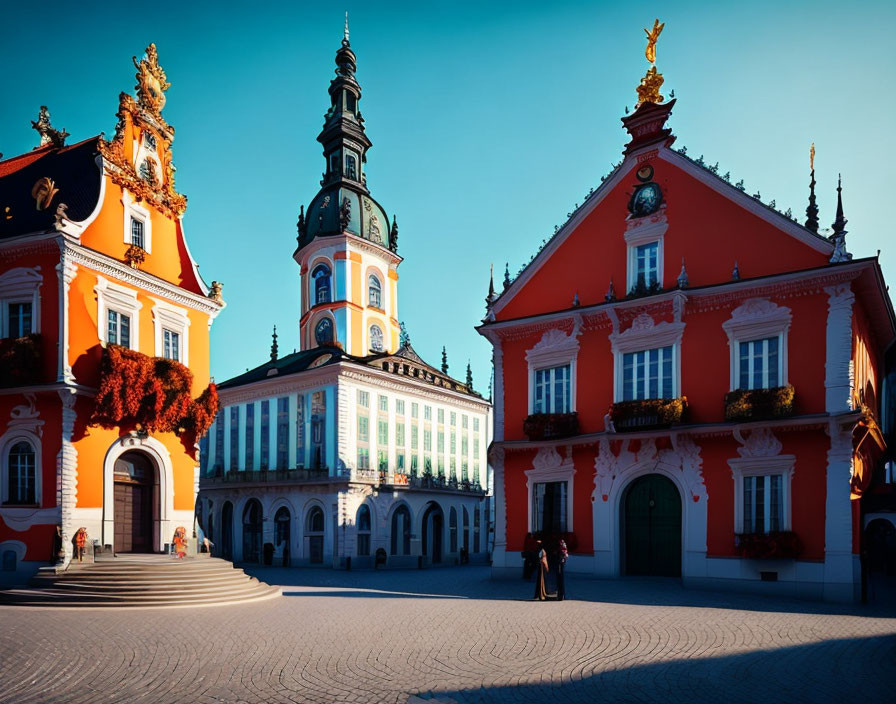 Vibrant red Baroque-style buildings under clear blue sky