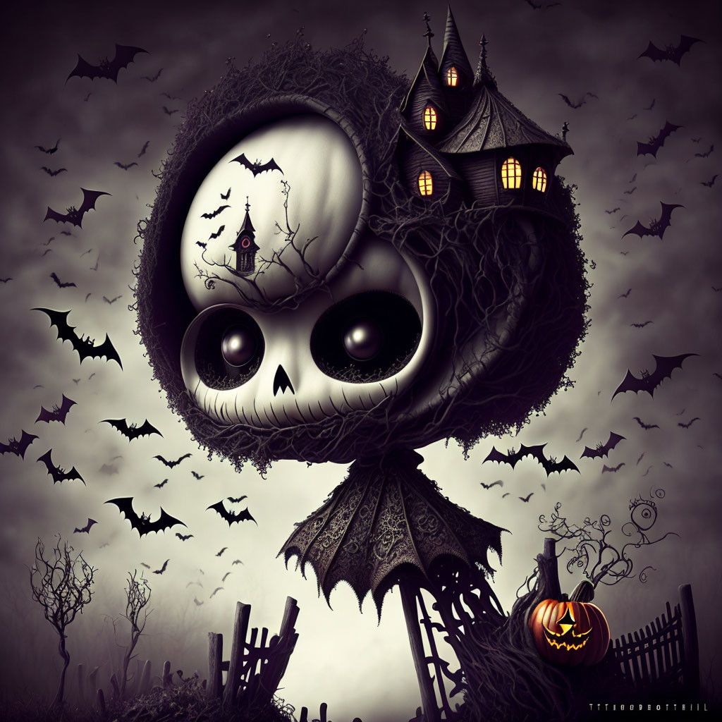 Illustration of round-headed creature with bat wings and haunted house, surrounded by bats and pumpkin