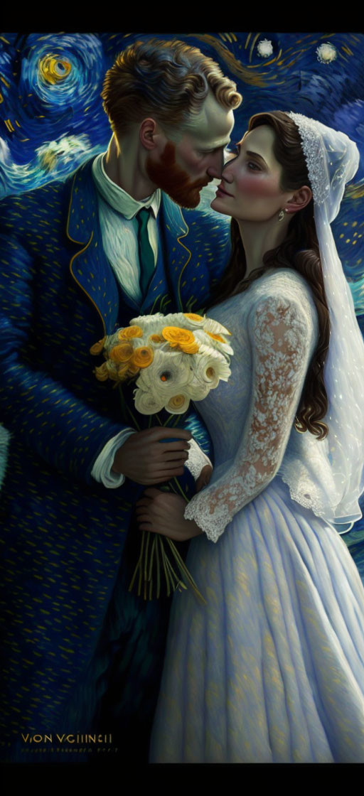 Wedding couple in Starry Night inspired background