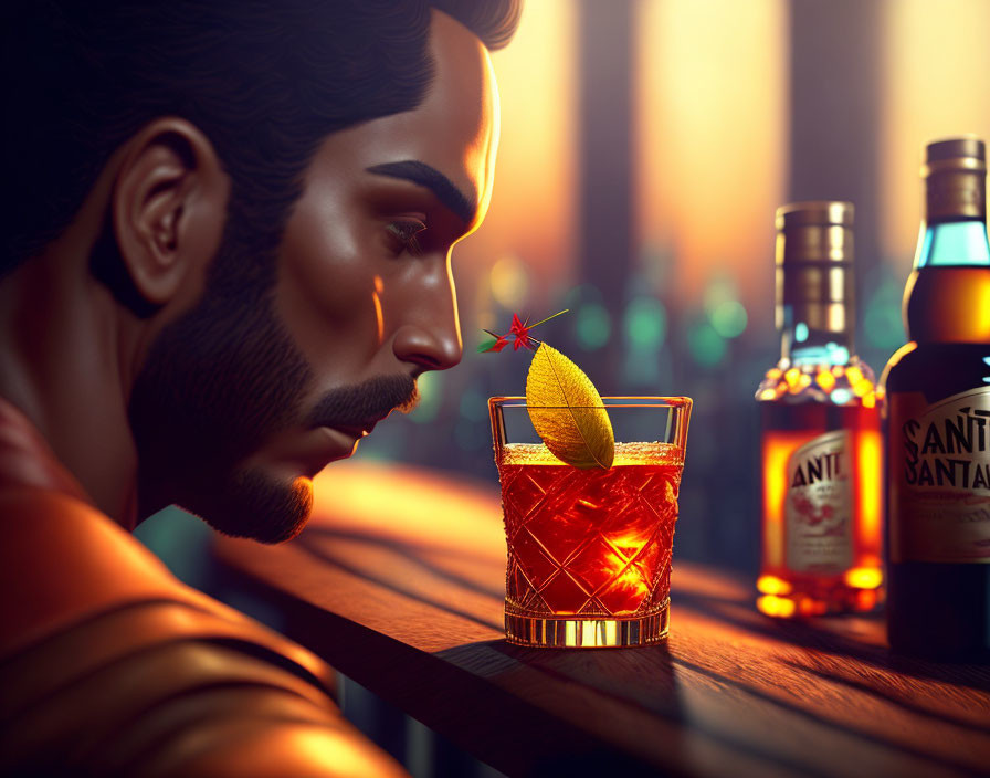 Man with Beard at Bar with Cocktail and Liquor Bottles Illustration