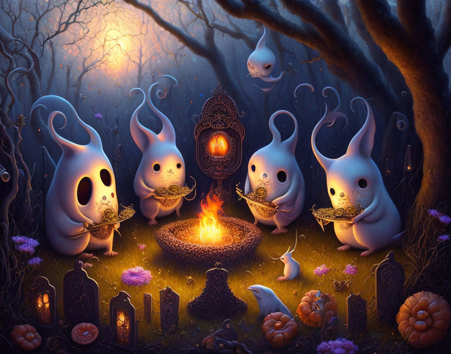 Mystical forest with ghost-like creatures and glowing lanterns