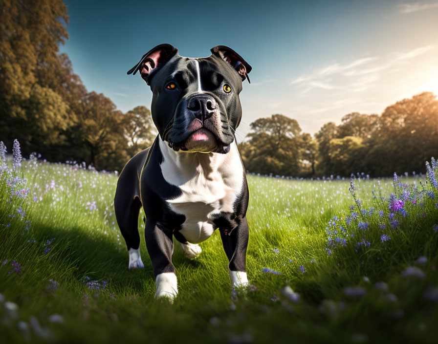 Muscular black and white dog in sunlit field with purple flowers