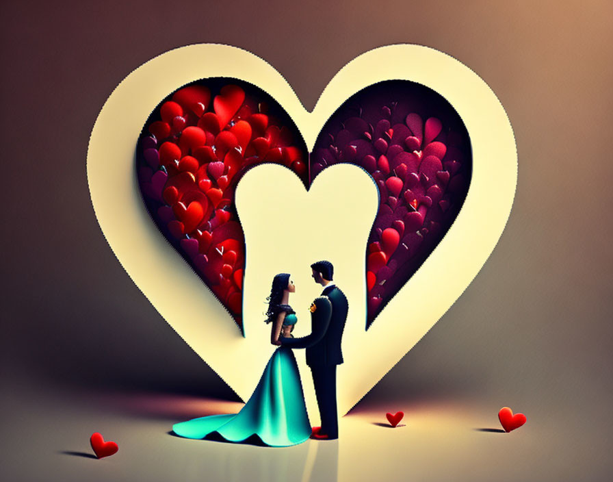 Romantic couple in heart frame surrounded by red hearts