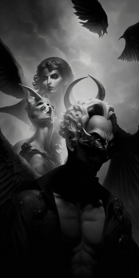 Monochromatic fantasy art: muscular horned figure with dark winged creatures