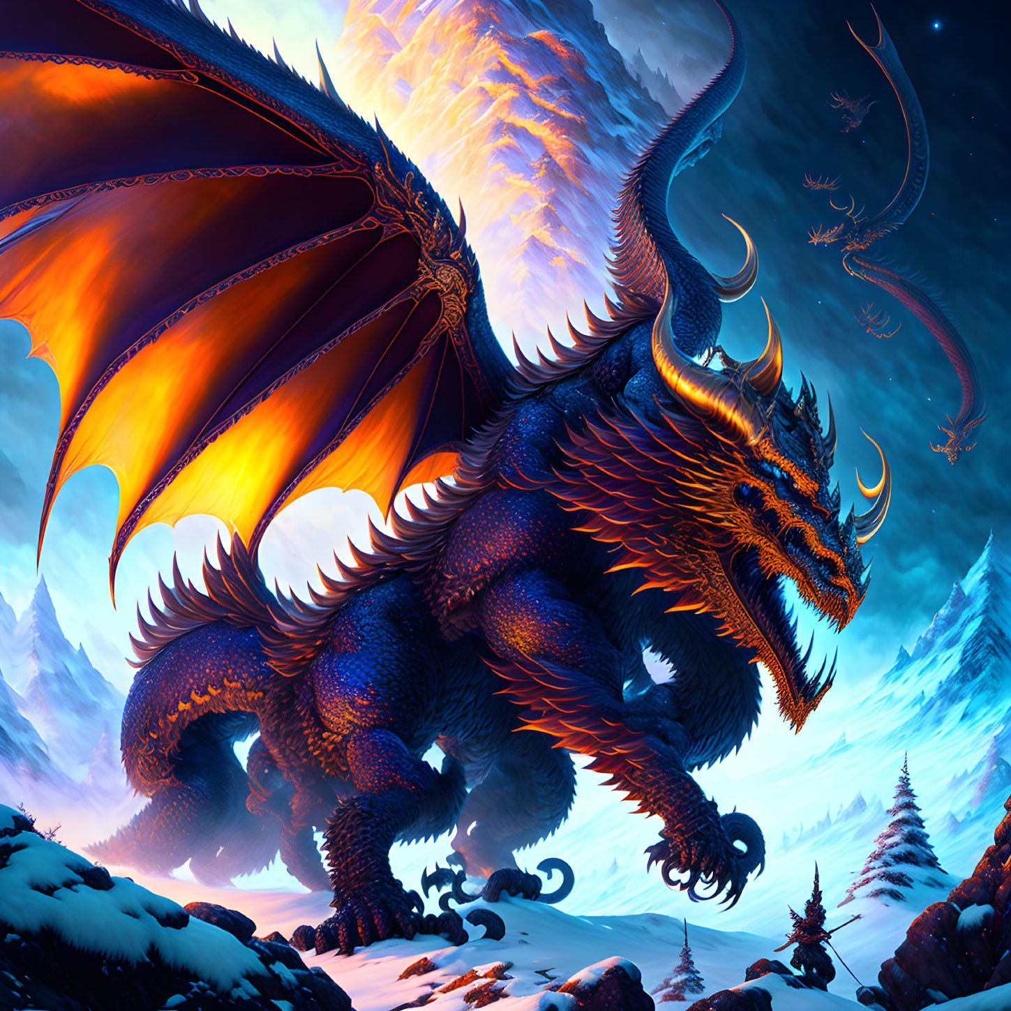 Orange-winged Dragon in Snowy Dusk Landscape