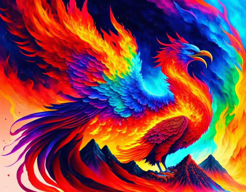 Colorful Phoenix Illustration Soaring Over Mountains