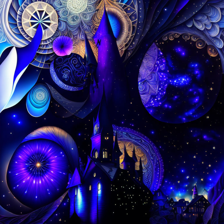 Fantasy landscape digital artwork with whimsical castle and cosmic night sky