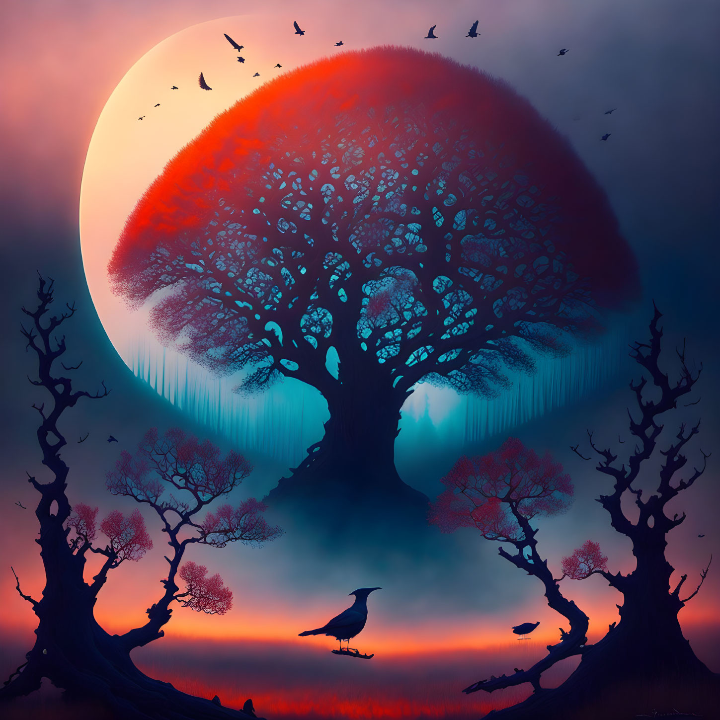 Surreal landscape with giant tree, moon, birds, and gradient colors