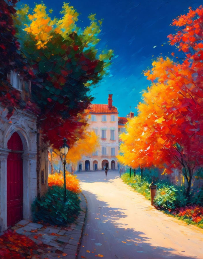 Sunlit Pathway Flanked by Vibrant Autumn Trees and Classic Building