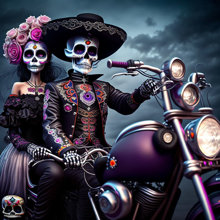 Elaborate Day of the Dead couple on classic motorcycle under moody sky