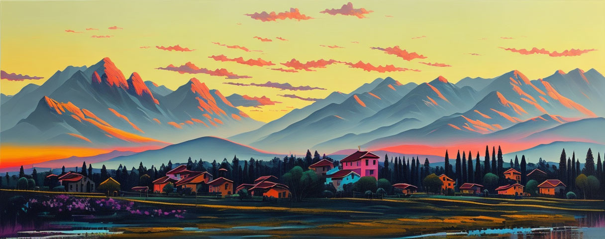 Scenic painting: Tranquil village, mountains, sunset, colorful sky, serene lake