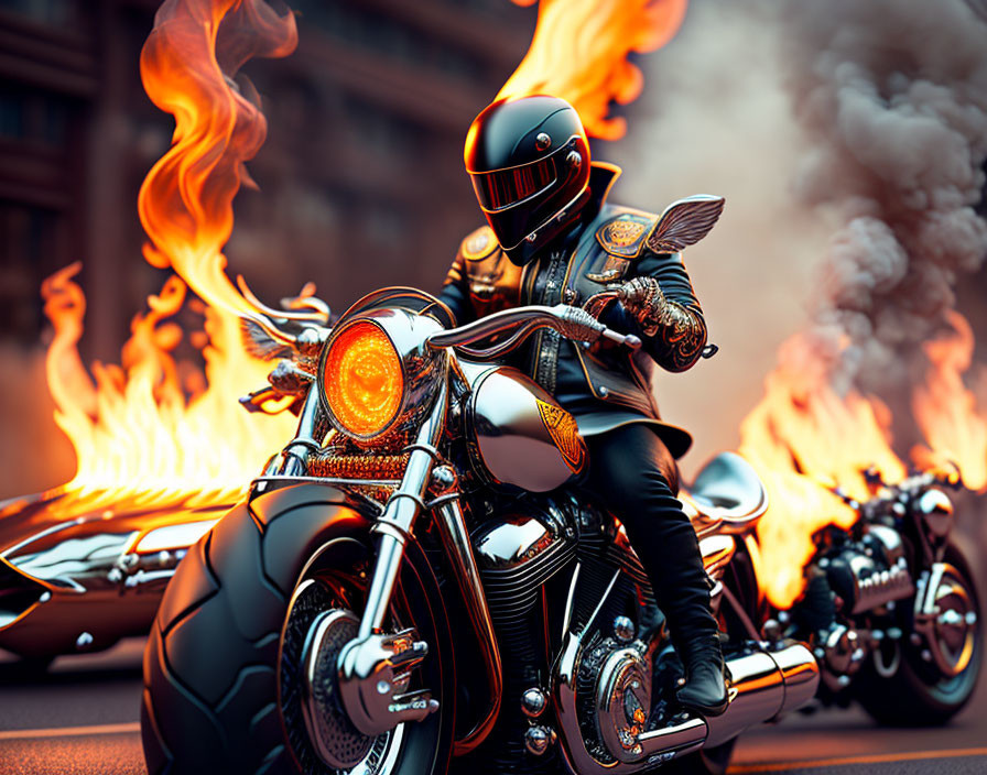 Flaming motorcycle rider in helmet and leather jacket on smoky street