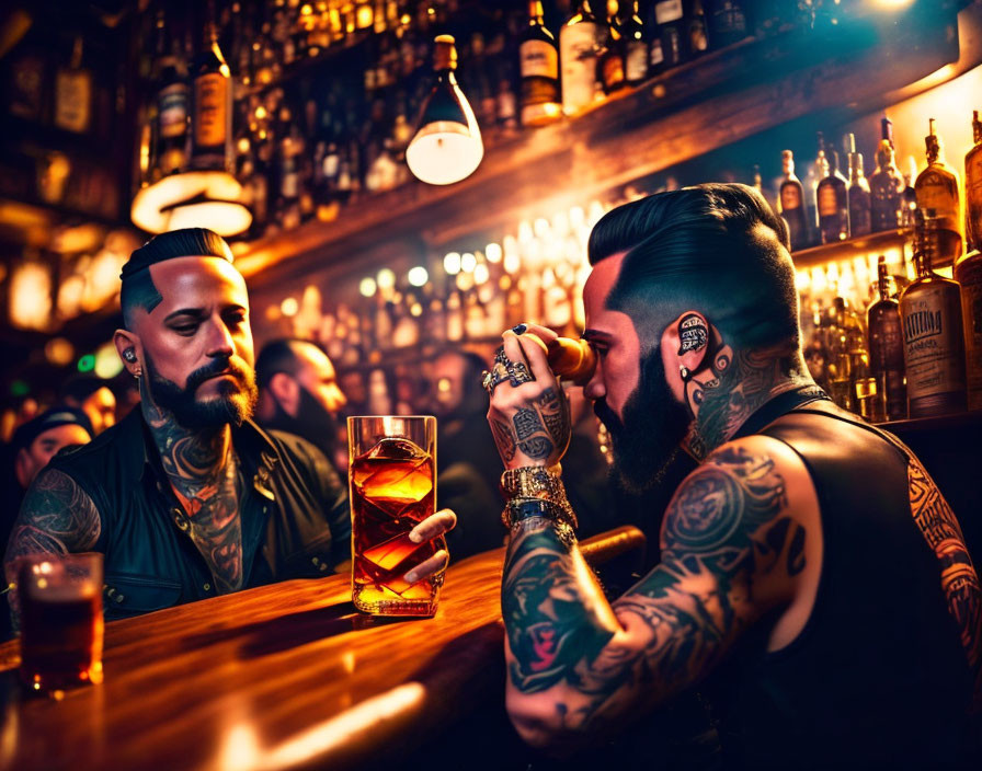 Two tattooed men in bar setting with amber lighting and liquor bottles.