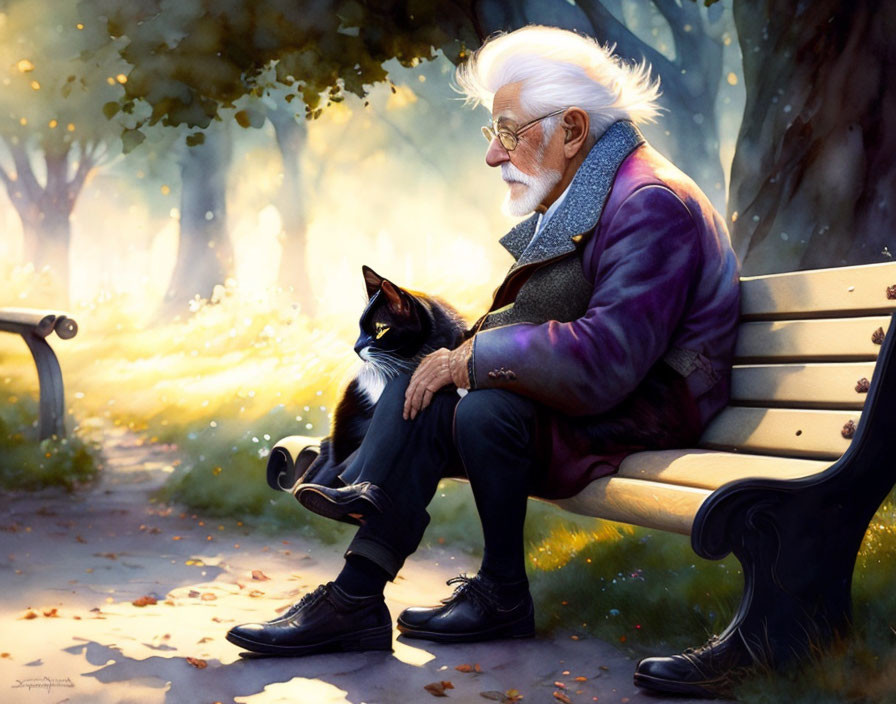 Elderly man with white hair petting cat on park bench amid autumn foliage