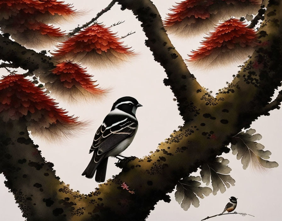 Black and white bird perched on mossy branch with autumn leaves and another bird in background