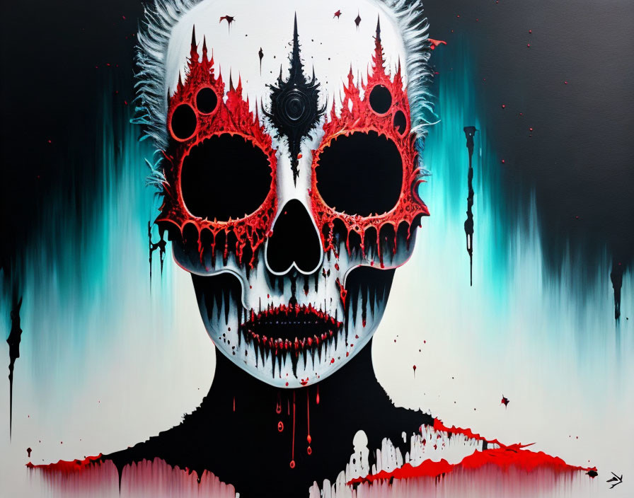 Detailed Skull Painting on Turquoise Background with Dripping Paint